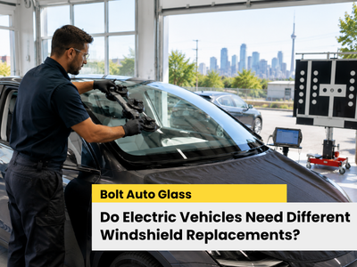 Technician replacing windshield on an electric vehicle with ADAS camera in Toronto