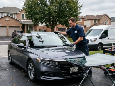 Mobile technician performing windshield replacement on lease return vehicle in Erin Mills driveway