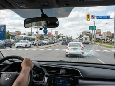 Cracked windshield from road debris on Hurontario Street Mississauga