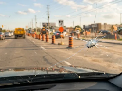 Windshield chip damage caused by construction zone debris in Cooksville, Mississauga